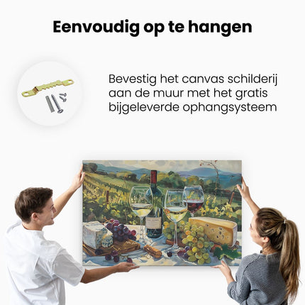 Canvas schilderij ophangen Kunstwerk van Wijn, Kaas en Druiven op een Tafel