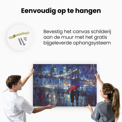 Canvas schilderij ophangen Brooklyn Bridge 's Nachts met een Rode Paraplu