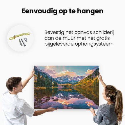 Canvas schilderij ophangen De Bergen Worden Weerspiegeld in een Meer