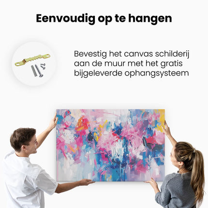 Canvas schilderij ophangen Abstract Kunstwerk met Blauwe, Roze en Gele Kleuren