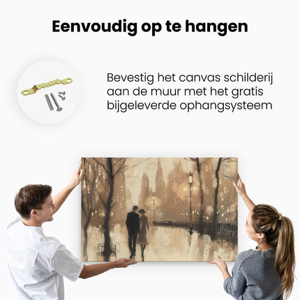 Canvas schilderij ophangen Paar dat in de Regen loopt