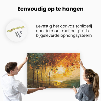 Canvas schilderij ophangen Kunstwerk van Bomen en een Zonsondergang