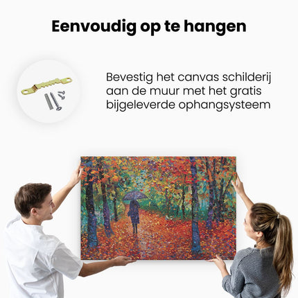 Canvas schilderij ophangen Vrouw die met een Paraplu door het Bos loopt