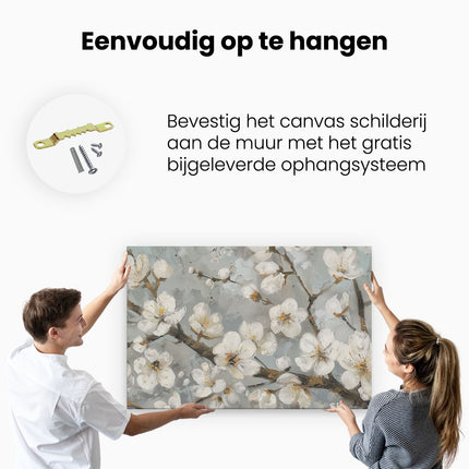 Canvas schilderij ophangen Witte Bloesems op een Tak