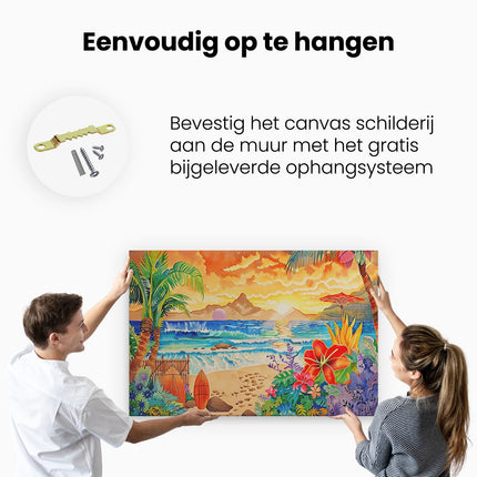 Canvas schilderij ophangen Kunstwerk van een Tropisch Tafereel met Palmbomen en Surfplanken