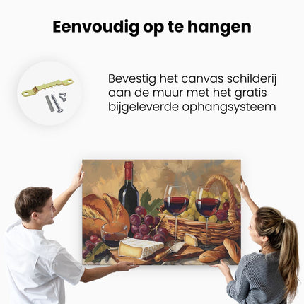 Canvas schilderij ophangen Kunstwerk van Wijn, Brood en Kaas