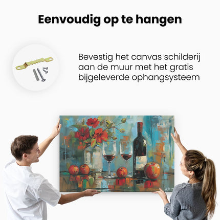 Canvas schilderij ophangen Kunstwerk van een Fles Wijn en een Glas Rode Wijn