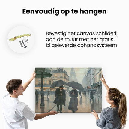 Canvas schilderij ophangen Twee Mensen die Paraplu's Vasthouden op een Regenachtige Dag in Parijs