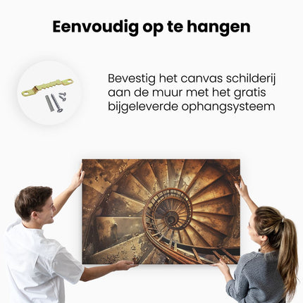 Canvas schilderij ophangen Wenteltrap in een Oud Gebouw