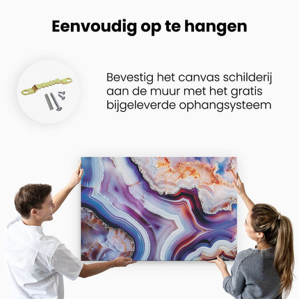 Canvas schilderij ophangen De Afbeelding is een Close-Up van een Paarse, Blauwe en Oranje Agaat