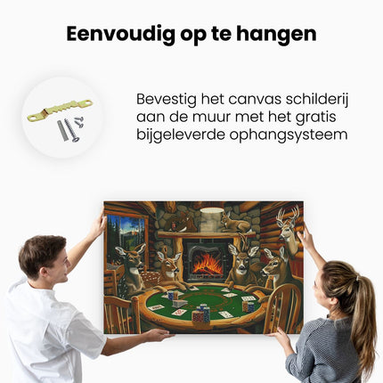 Canvas schilderij ophangen Groep Herten die Poker Spelen voor een Open Haard