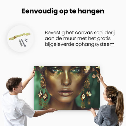 Canvas schilderij ophangen Vrouw met Gouden Make-Up en Oorbellen