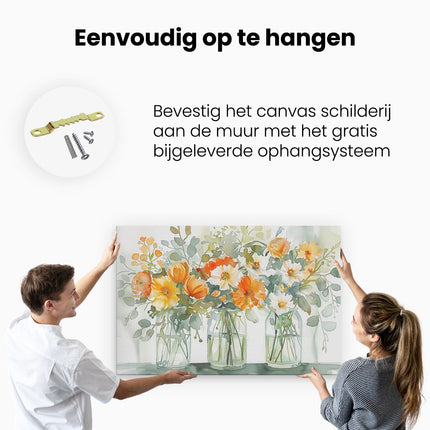 Canvas schilderij ophangen Aquarelkunstwerk van Bloemen in Glazen Vazen