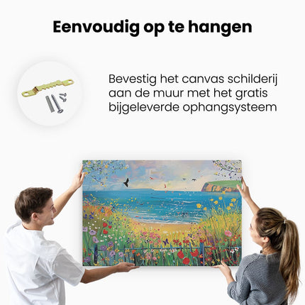Canvas schilderij ophangen Kunstwerk van een Strand met Bloemen en Vogels