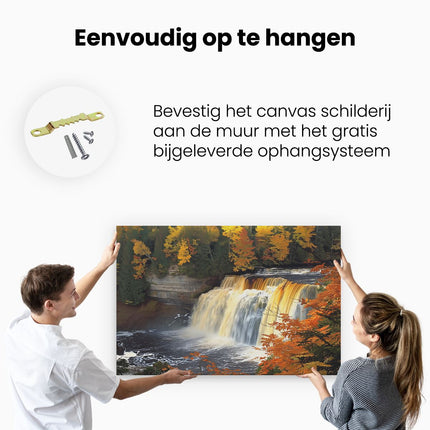 Canvas schilderij ophangen Waterval Omgeven door Herfstbladeren