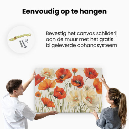 Canvas schilderij ophangen Kunstwerk van Rode en Witte Klaprozen