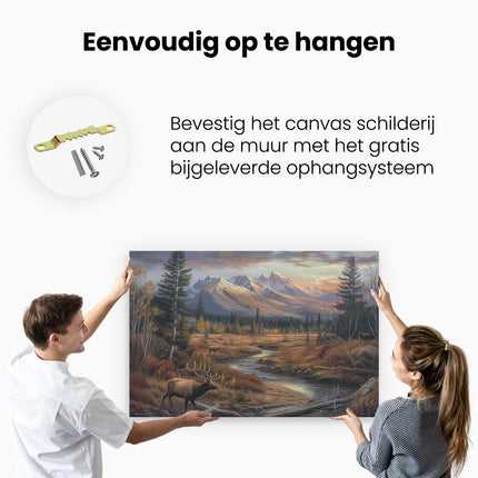 Canvas schilderij ophangen Elanden Staan ​​In een Beekje met Bergen op de Achtergrond