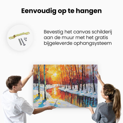 Canvas schilderij ophangen Winters Tafereel met Bomen en een Rivier