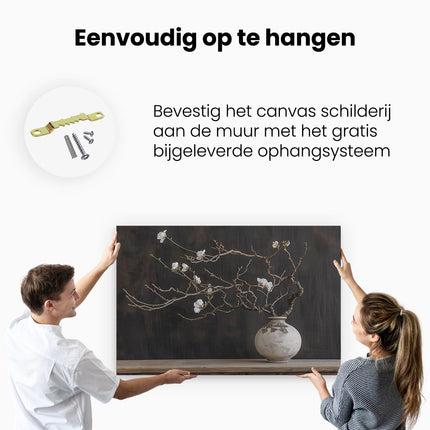 Canvas schilderij ophangen Witte Bloemen in een Vaas op een Tafel