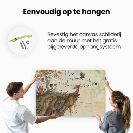 Canvas schilderij ophangen Meisje en een Vogel op een Klif