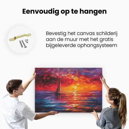 Canvas schilderij ophangen Zeilboot in het Water bij Zonsondergang