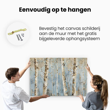 Canvas schilderij ophangen Kunstwerk van Berkenbomen op een Blauwe Achtergrond