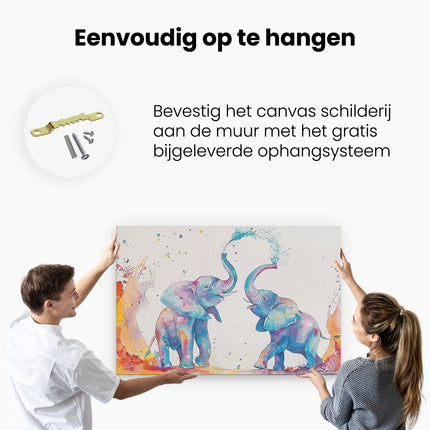 Canvas schilderij ophangen Twee Olifanten Spelen met Waterspatten