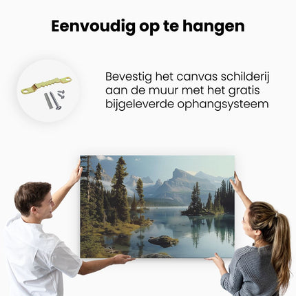 Canvas schilderij ophangen Meer Omgeven door Bomen en Bergen