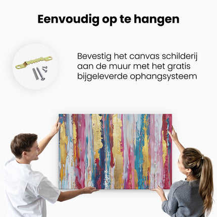 Canvas schilderij ophangen Abstract Kunstwerk met Goud, Blauw en Roze Verf