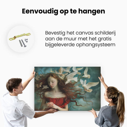 Canvas schilderij ophangen Meisje met een Rode Jurk en Witte Duiven