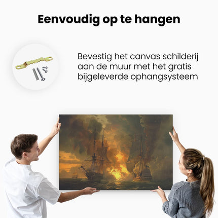 Canvas schilderij ophangen Twee Schepen in Brand in de Oceaan