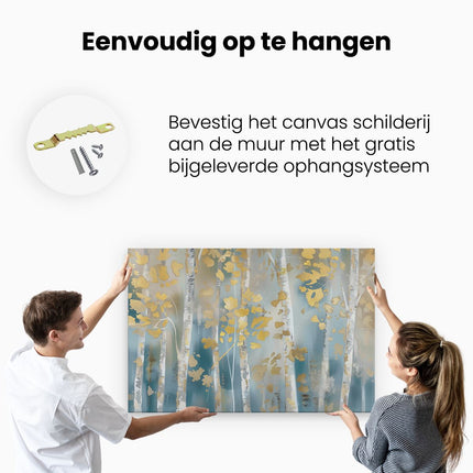 Canvas schilderij ophangen Kunstwerk van Berkenbomen met Bladgoud