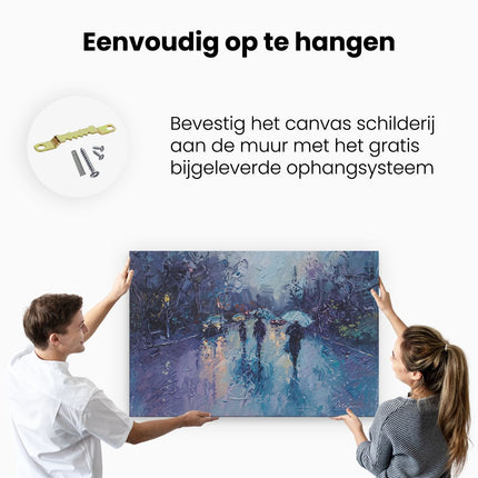 Canvas schilderij ophangen Mensen die met Paraplu's in de Regen Lopen