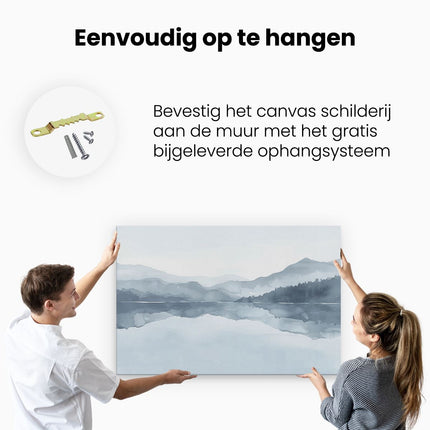 Canvas schilderij ophangen Aquarelkunstwerk van Bergen en een Meer