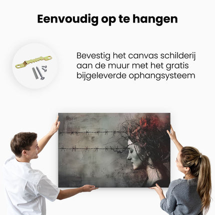 Canvas schilderij ophangen Hoofd van de Vrouw Achter Prikkeldraad