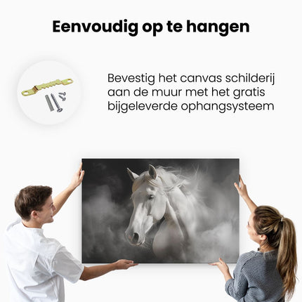 Canvas schilderij ophangen Wit Paard op een Zwarte Achtergrond