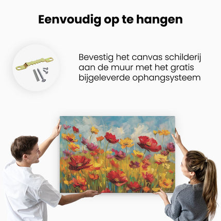 Canvas schilderij ophangen Kleurrijke Bloemen in een Veld