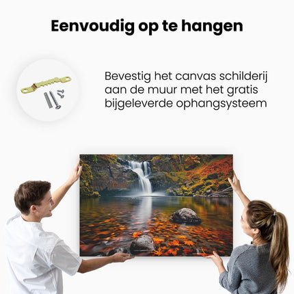 Canvas schilderij ophangen Waterval Omgeven door Herfstbladeren