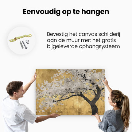Canvas schilderij ophangen Boom met Witte Bloemen tegen een Gouden Achtergrond