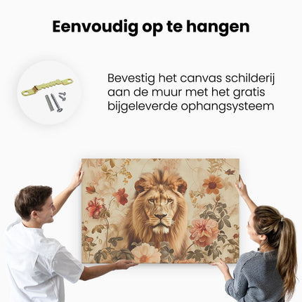 Canvas schilderij ophangen Leeuw op een Florale Achtergrond