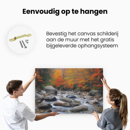 Canvas schilderij ophangen Stroom Omringd door Bomen en Rotsen