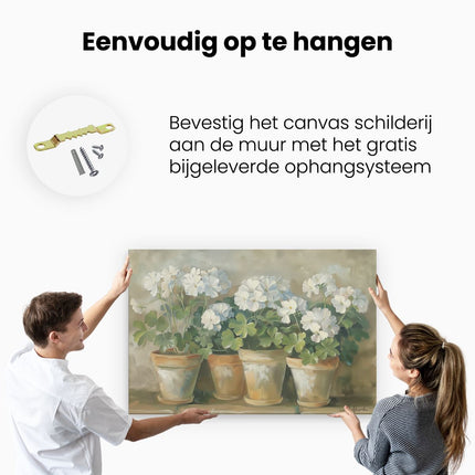 Canvas schilderij ophangen Witte Geraniums in Potten