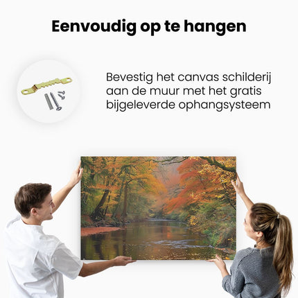 Canvas schilderij ophangen Rivier Omgeven door Bomen in de Herfst