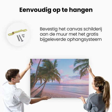 Canvas schilderij ophangen Palmbomen op een Strand bij Zonsondergang