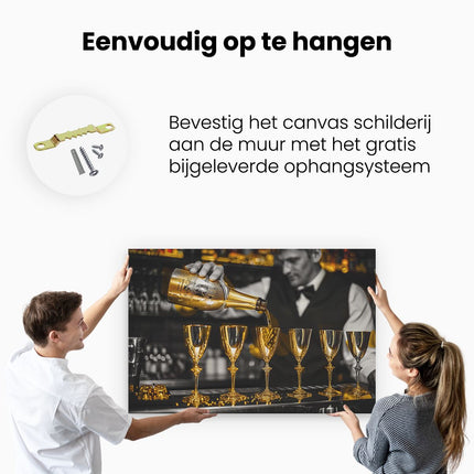 Canvas schilderij ophangen Barman Giet Champagne in Gouden Fluiten