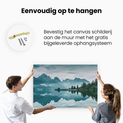 Canvas schilderij ophangen De Bergen Worden Weerspiegeld in het Water