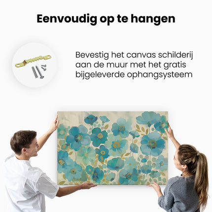 Canvas schilderij ophangen Blauwe Bloemen op een Beige Achtergrond