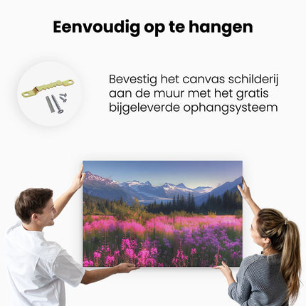 Canvas schilderij ophangen Roze Bloemen in een Veld