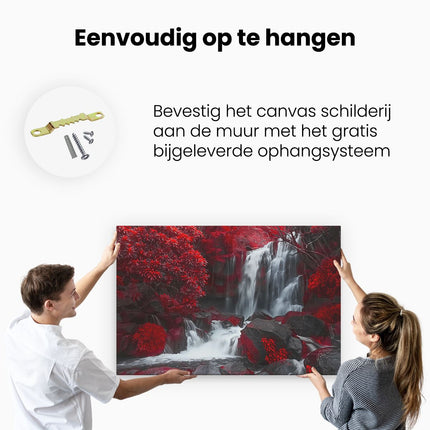 Canvas schilderij ophangen Waterval in een Rood Bos