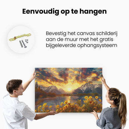 Canvas schilderij ophangen De Zon gaat onder over de Bergen en Bloemen